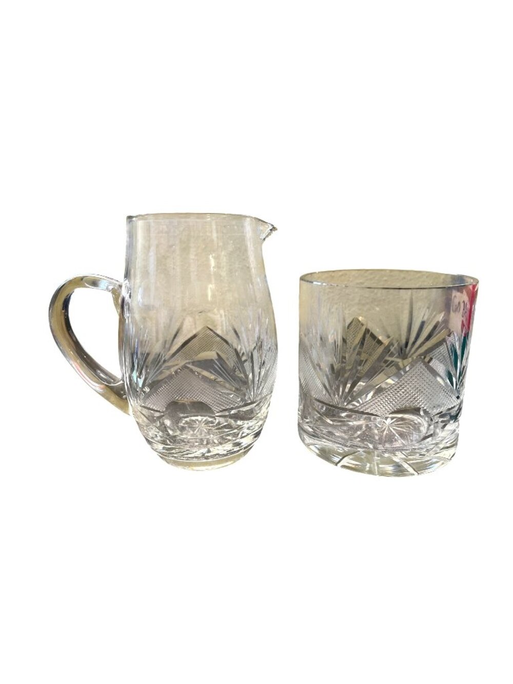 Vintage Glass Pitcher & Ice Bucket Set With Pyramid & Sunburst Design